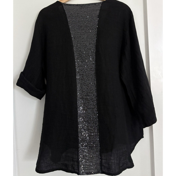 Black Linen Sequin Button Front Tunic Shirt Relaxed Sparkle Festive Goth Glam - Picture 4 of 10